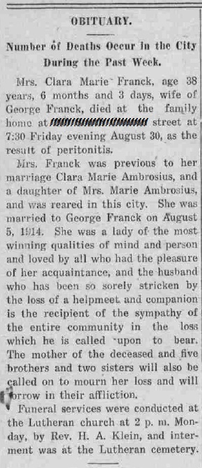 Mrs. Clara Marie Franck August 30 1918
